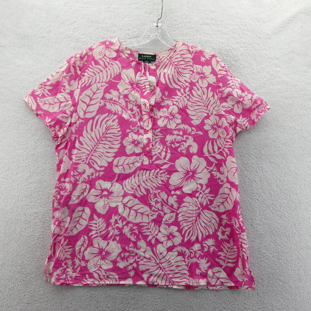 Lauren Ralph Lauren Top Womens Large Pink Floral Hibiscus Tropical Cotton Henley